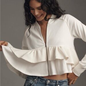 Maeve Tiered Ruffled Zip-Up Babydoll Knit Jacket